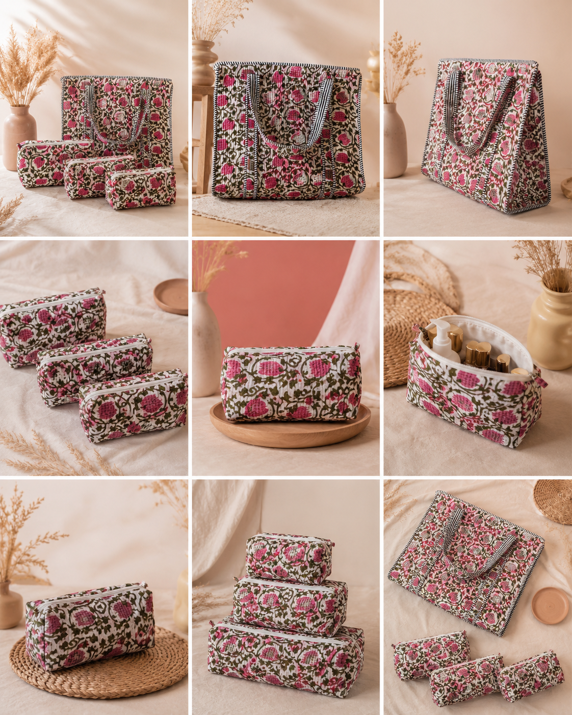 Quilted Tote Bag Travel Pouch Combo