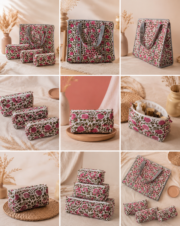 Quilted Tote Bag Travel Pouch Combo