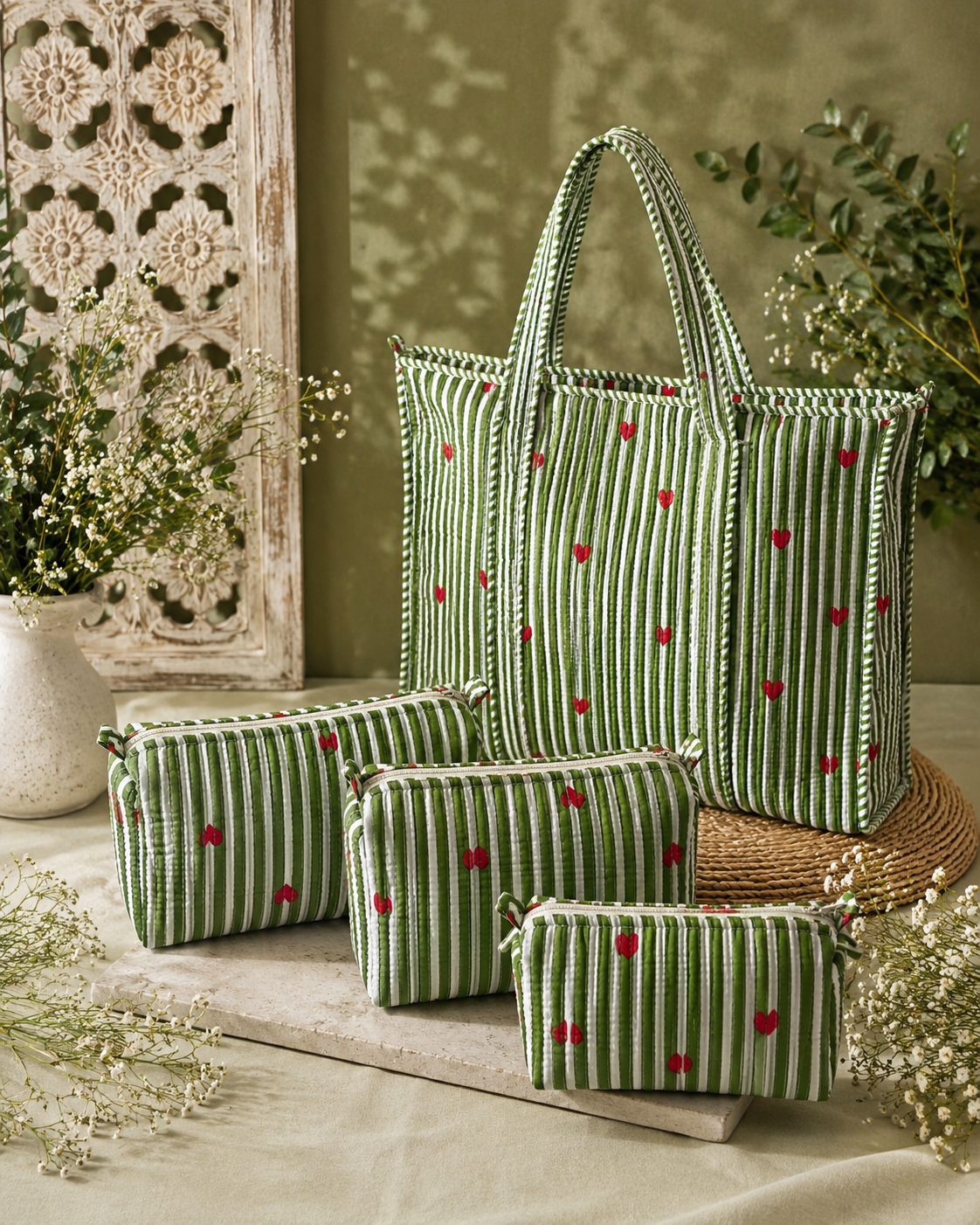 Quilted Tote Bag Travel Pouch Combo