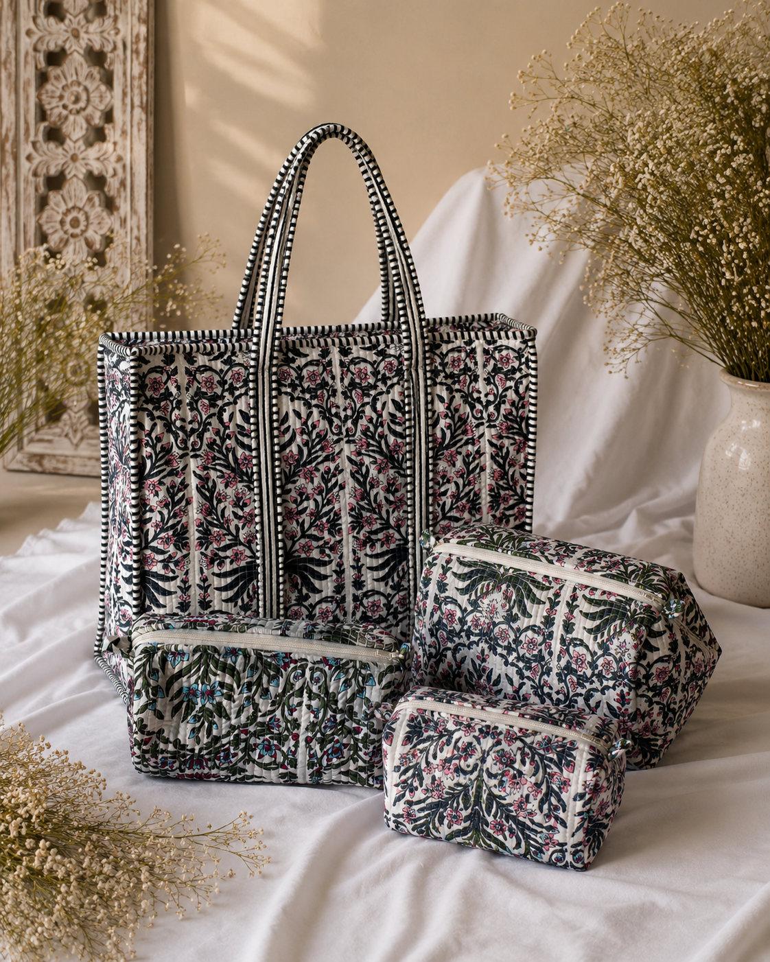 Quilted Tote Bag Travel Pouch Combo